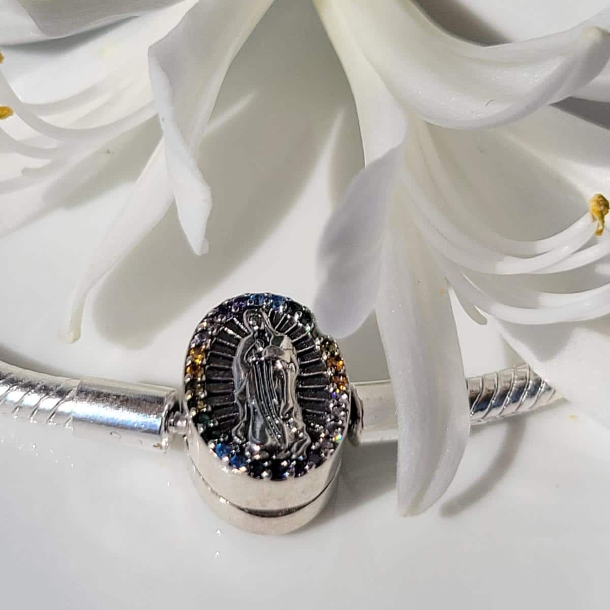 Brazalete de Plata 925 tipo Pandora con Medalla de la Virgen